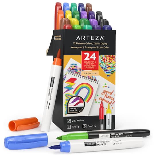 Arteza&#xAE; Rainbow Colors Permanent Fine &#x26; Brush Tip Marker Set 